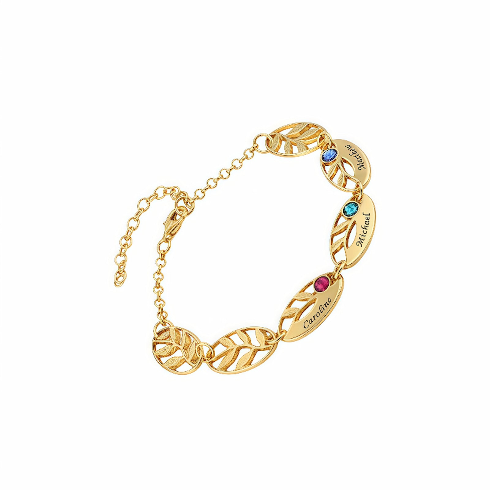 Gold Personalized Mother Leaf Bracelet with Birthstone Charms.