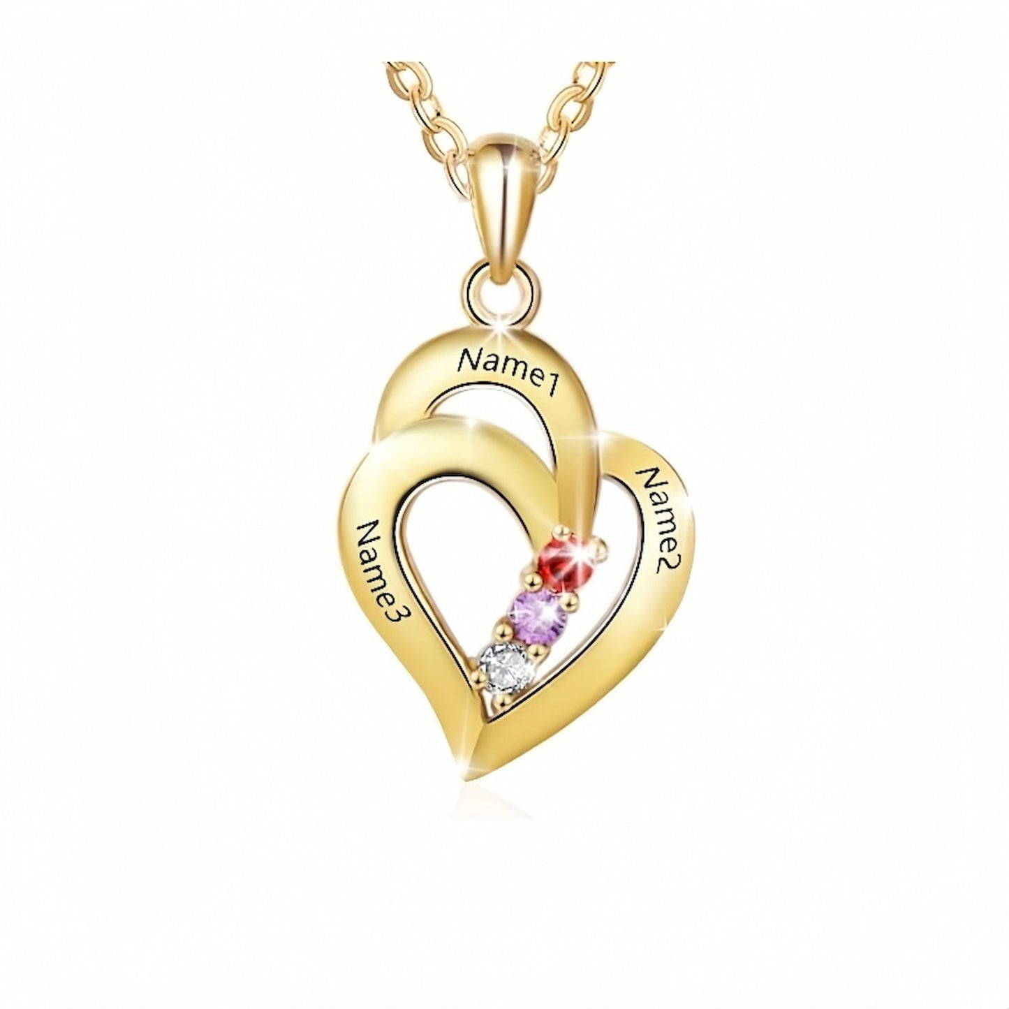 Gold custom engraved heart charm necklace for women with three names.