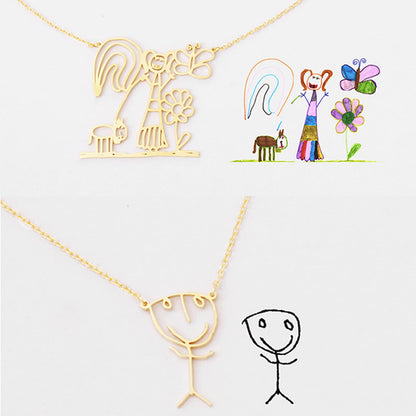 Close-up of the personalized outline jewelry, capturing the charm and detail of a child's original drawing.