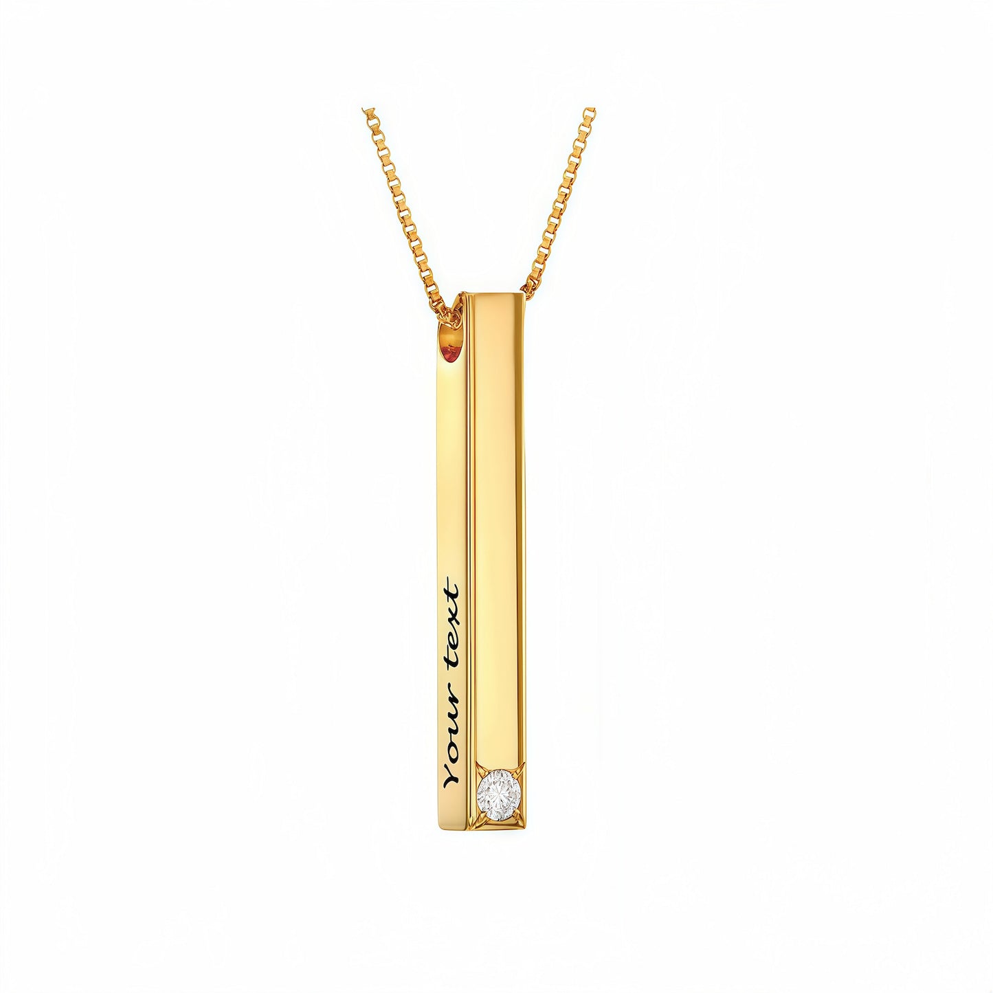 Gold Personalized Vertical Bar Necklace. Coordinate jewelry with custom text engraving.