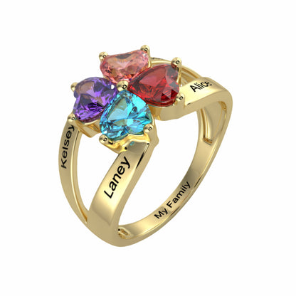 Bague personnalisée en forme de cœur avec pierre de naissance - Gravure personnalisée des noms de famille pour maman | Cadeau pour la fête des mères