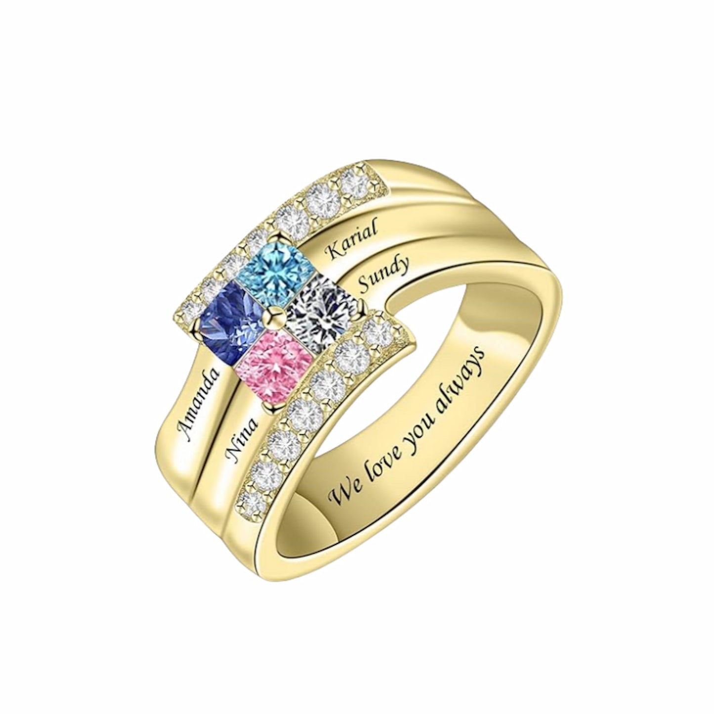 Gold personalized family ring for mother/grandma with 4 custom names & birthstones. 