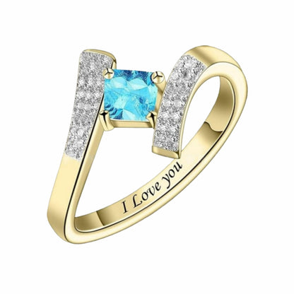 Gold personalized ring with single blue simulated birthstone . A custom ring for women.
