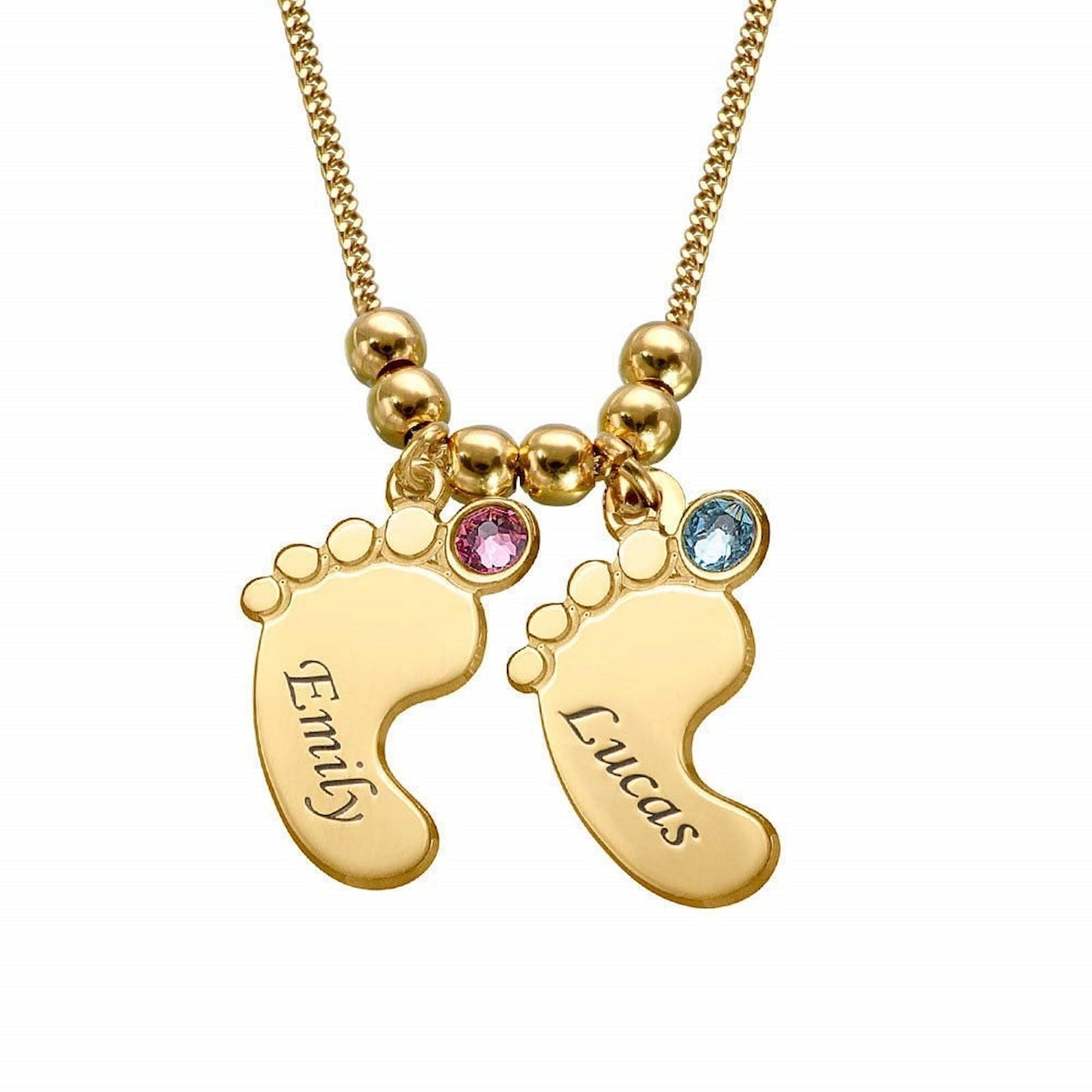 Gold custom 2 baby feet name birthstone necklace .