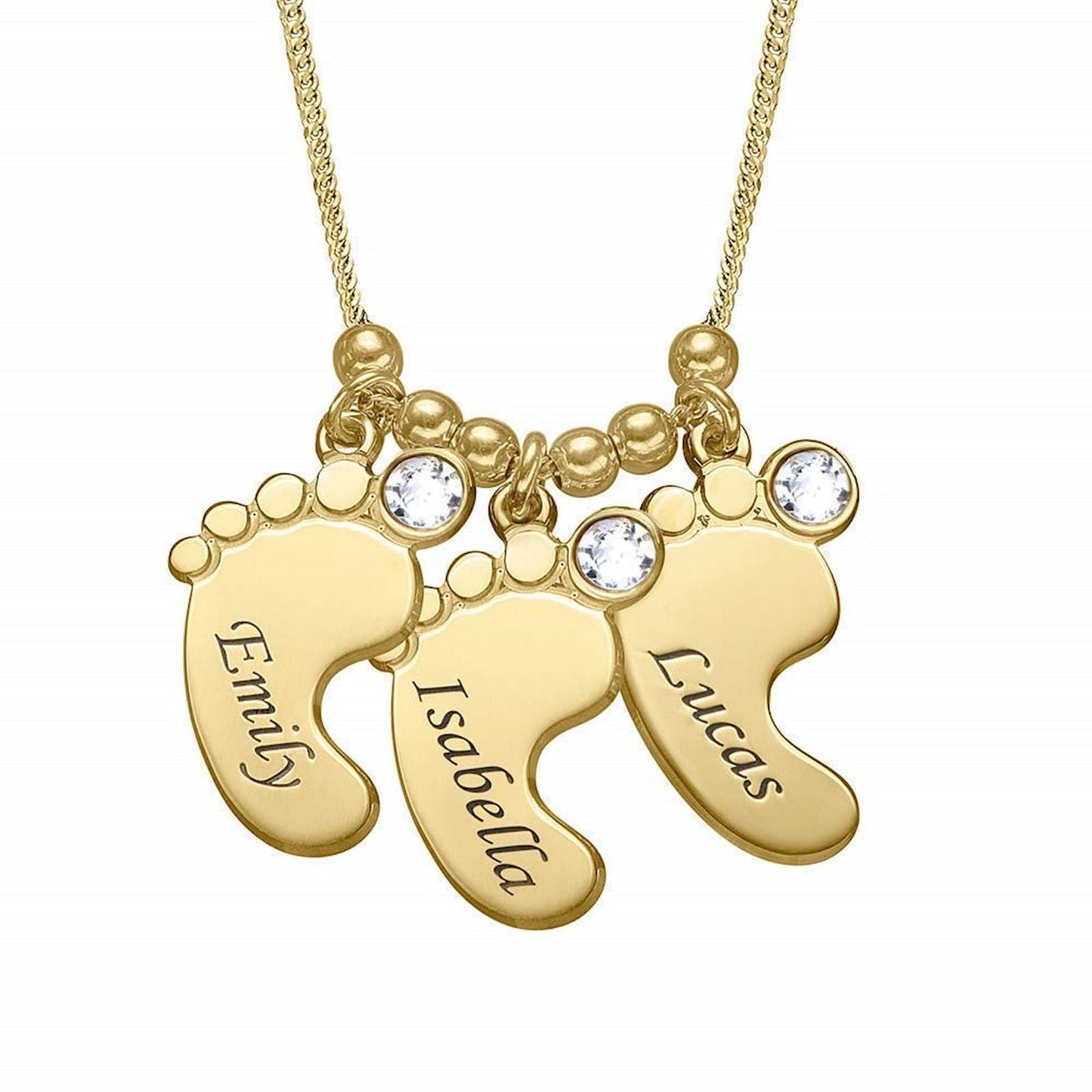 Gold custom 3 baby feet name birthstone necklace.