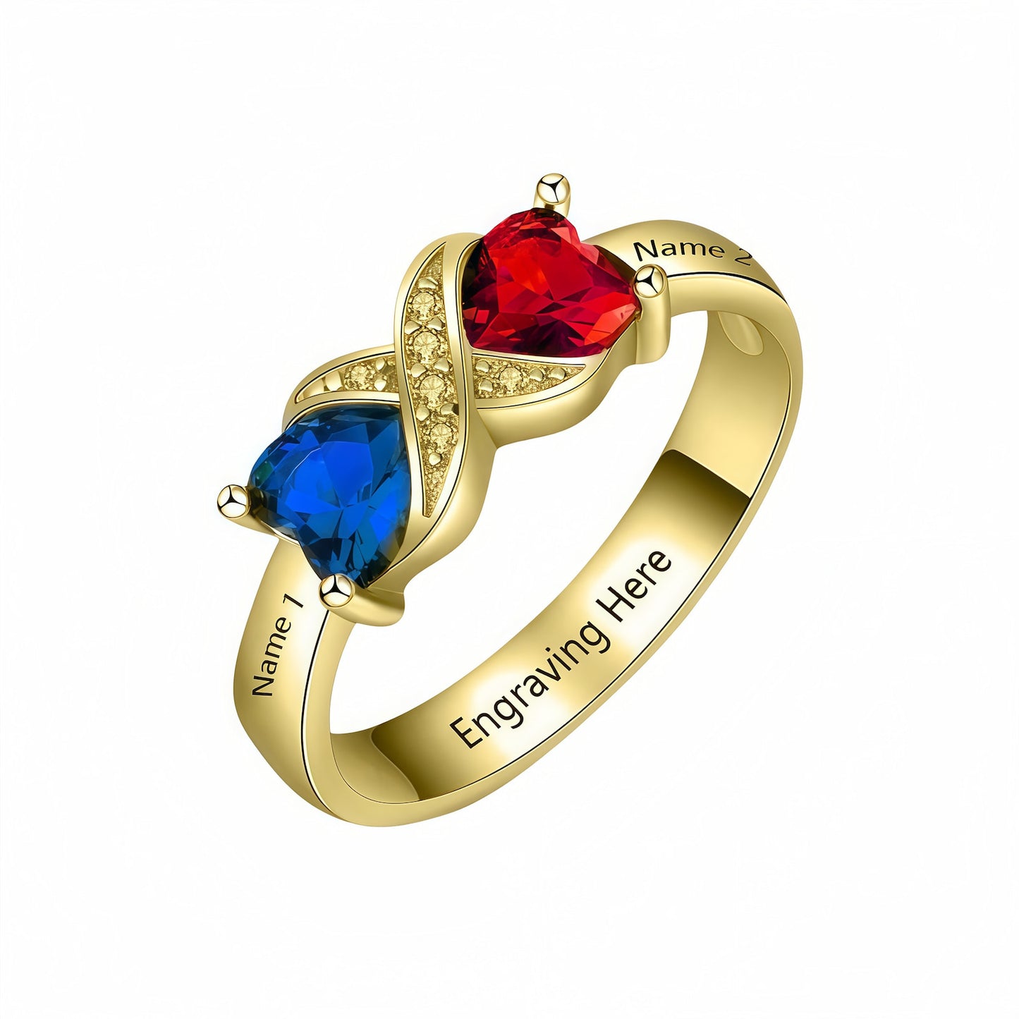 Gold plated personalized promise ring with two heart-shaped red and blue CZ birthstones.