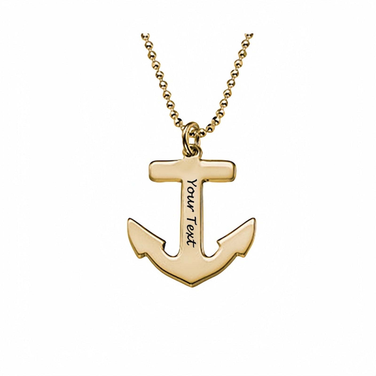 Gold plated custom anchor pendant necklace. Engraved text for men or women.
