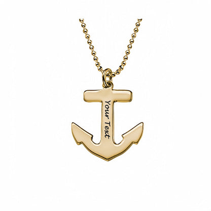 Gold plated custom anchor pendant necklace. Engraved text for men or women.
