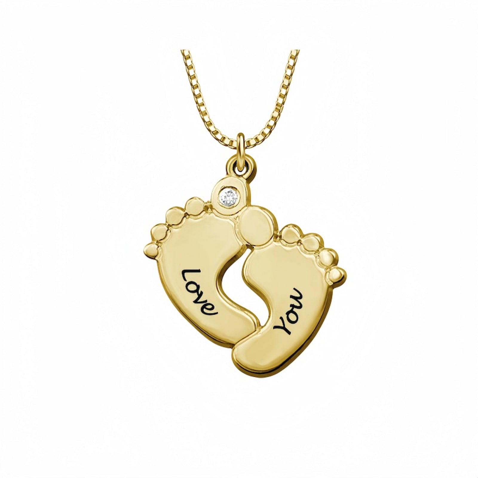 Gold plated custom baby feet birthstone necklace. Engraved 'Love You' for mom.