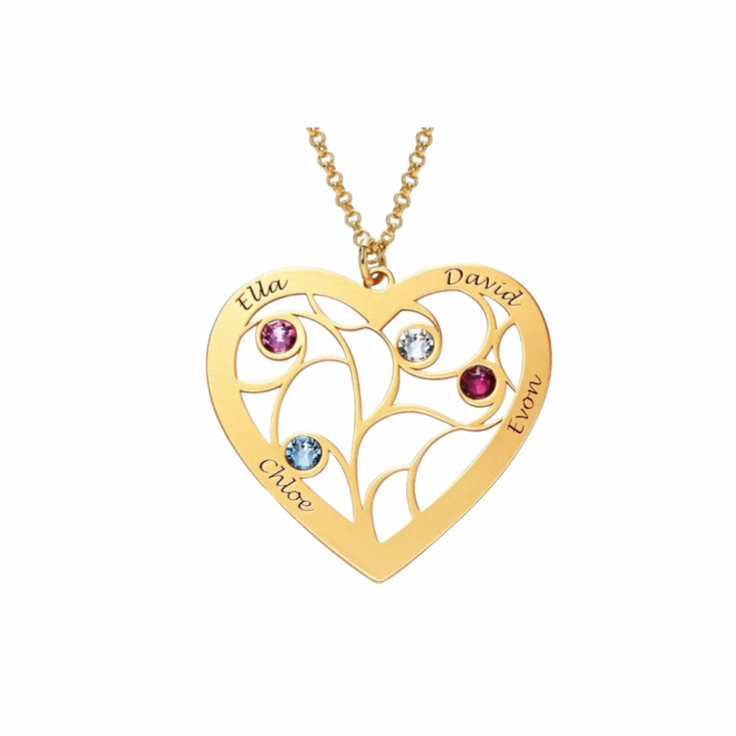 Gold plated custom birthstone family name necklace, heart-shaped tree of life design.