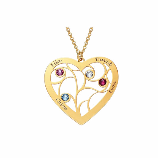 Personalized Heart Family Tree Necklace - Custom Engraved Names & Birthstones for Mom