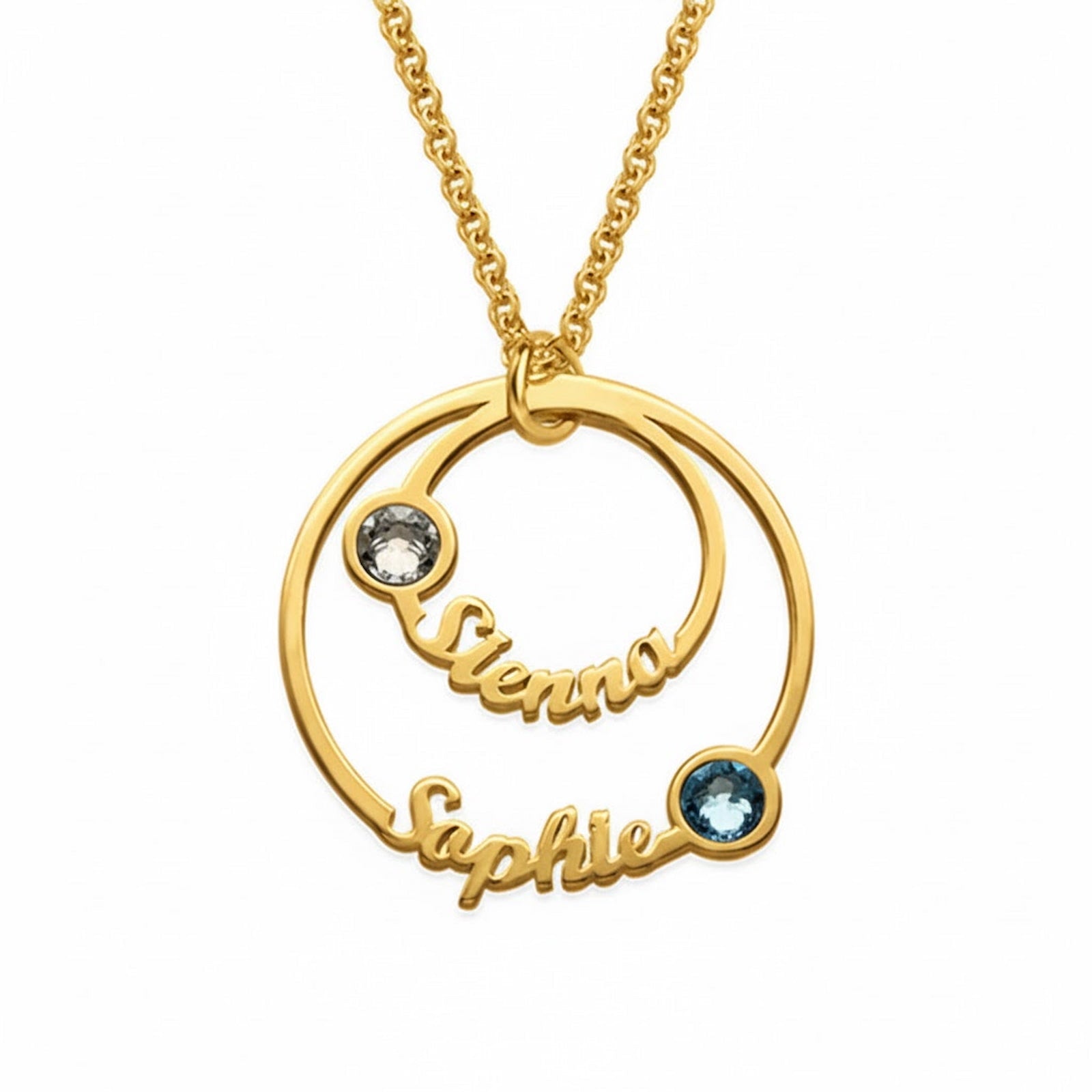 Gold plated custom circle name necklace with 2 birthstones, personalized for Mom.