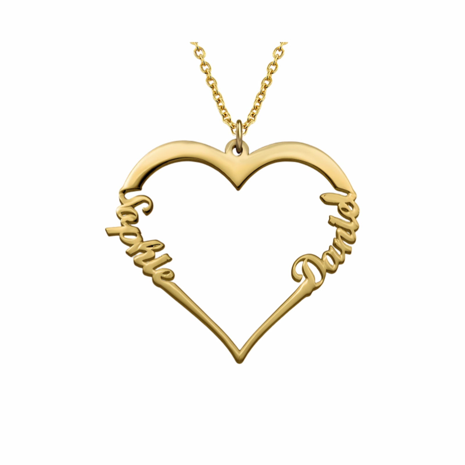 Gold plated custom couple name heart necklace, unique design.