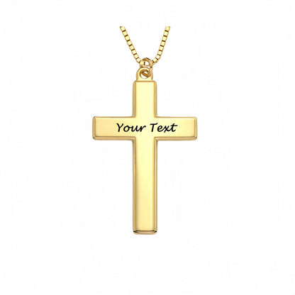 18K gold plated custom cross necklace. Engraved text on plain cross pendant. Unisex.