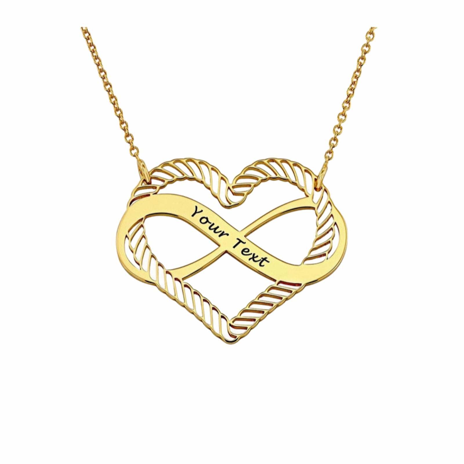 Gold plated custom engraved heart infinity pendant necklace, personalized gift.