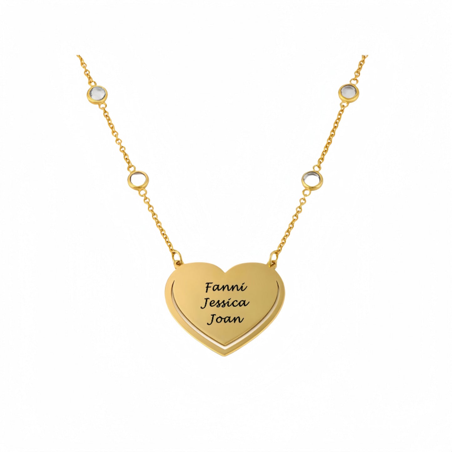 Gold plated custom engraved heart necklace for her, showing family names.