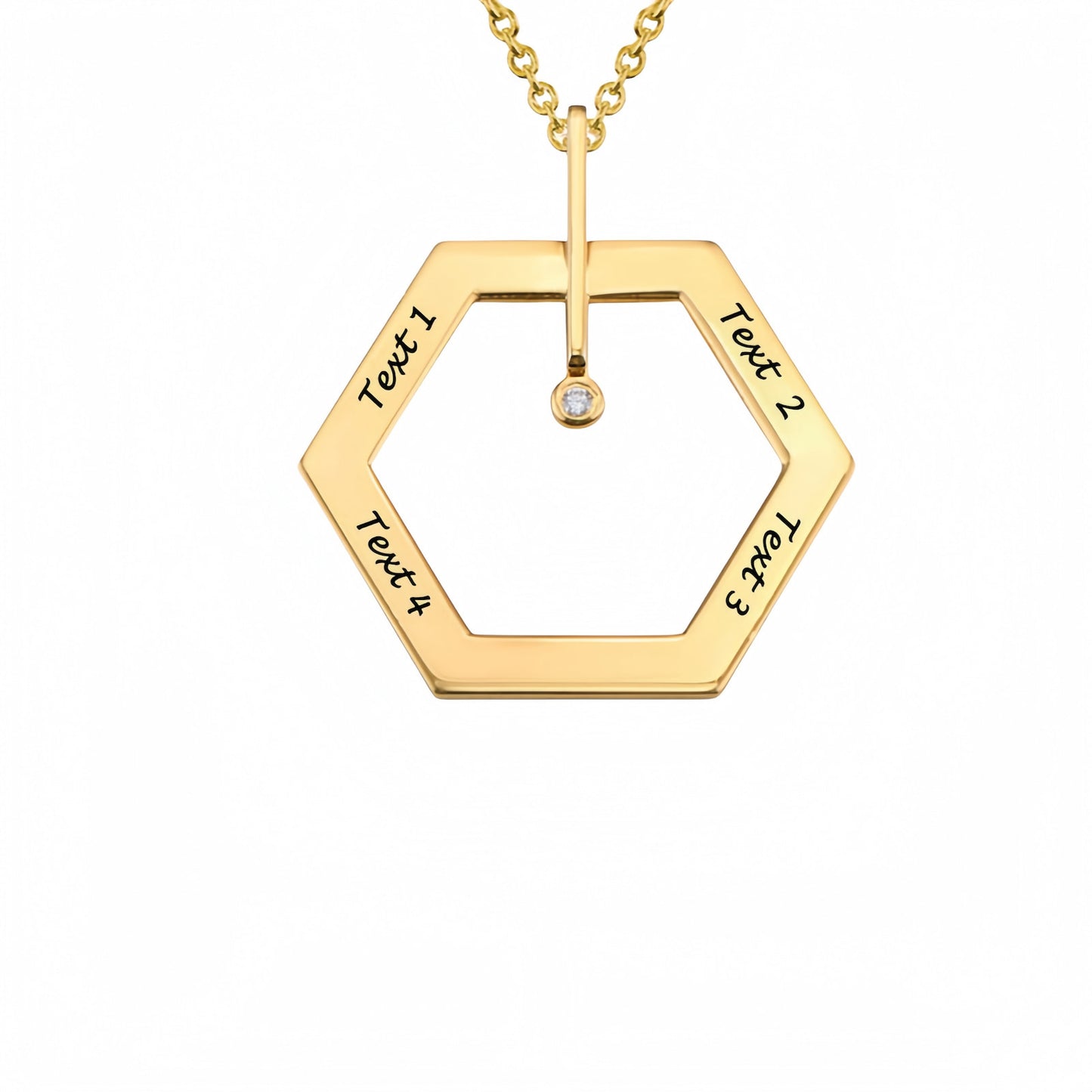 Gold Plated Custom Hexagon Necklace. Modern geometric design with engraved text and gem.