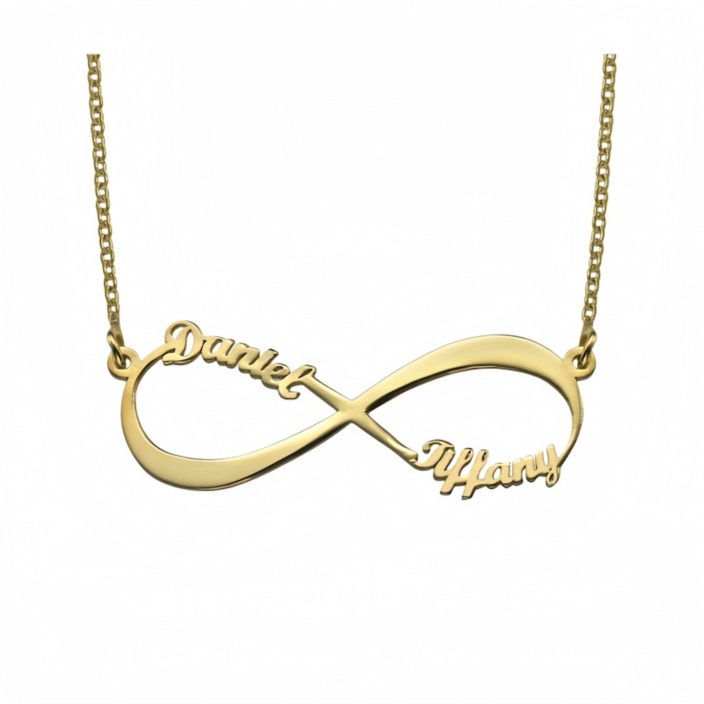 Gold plated custom infinity symbol necklace for couples, engraved two names.