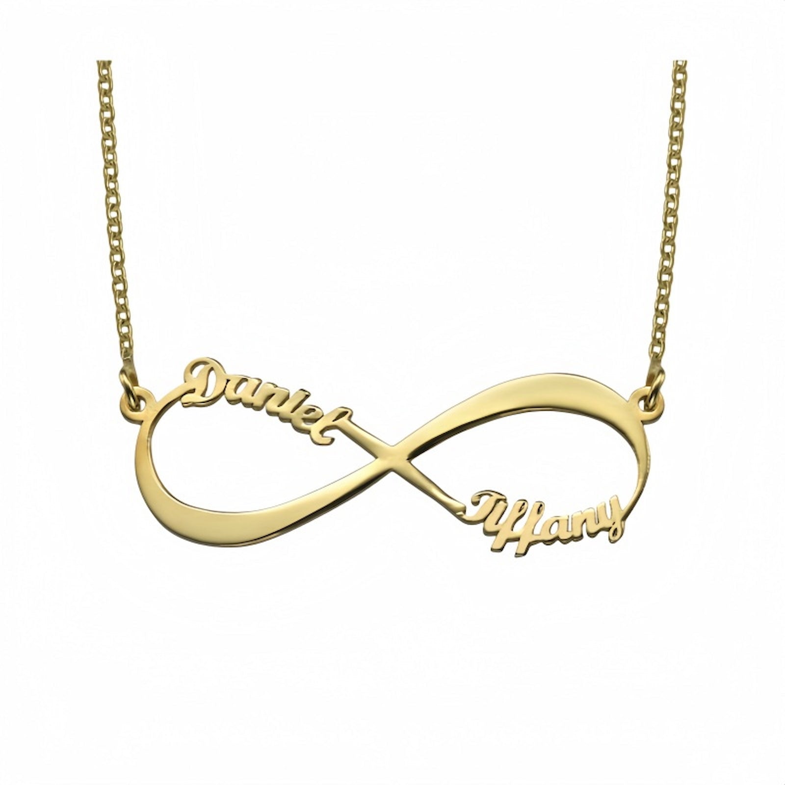 Gold plated custom infinity symbol necklace for couples, engraved two names.