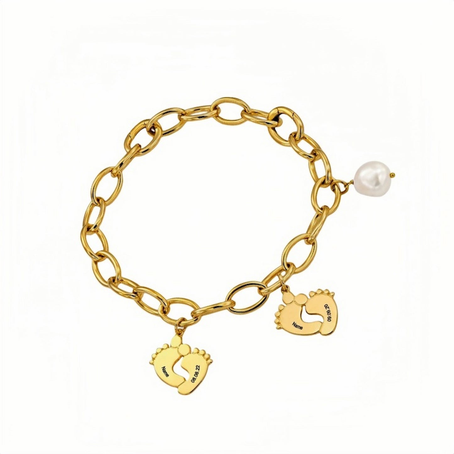 Gold plated custom name baby footprint bracelet for Mom. Engraved names & birth dates.