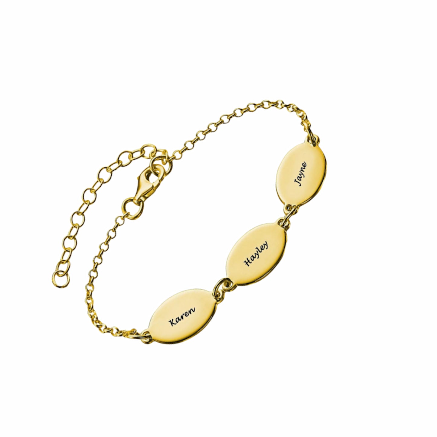 Gold plated custom name bracelet with engraved oval charms.