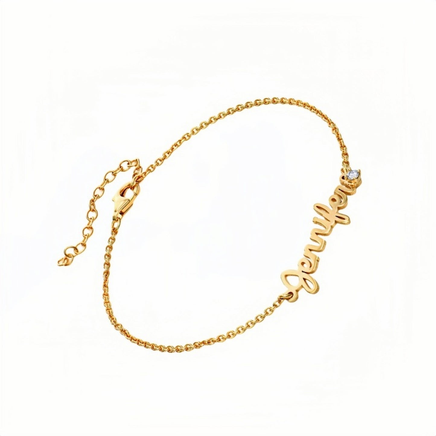 Gold plated custom name bracelet with script font. Personalized with a name & small stone.