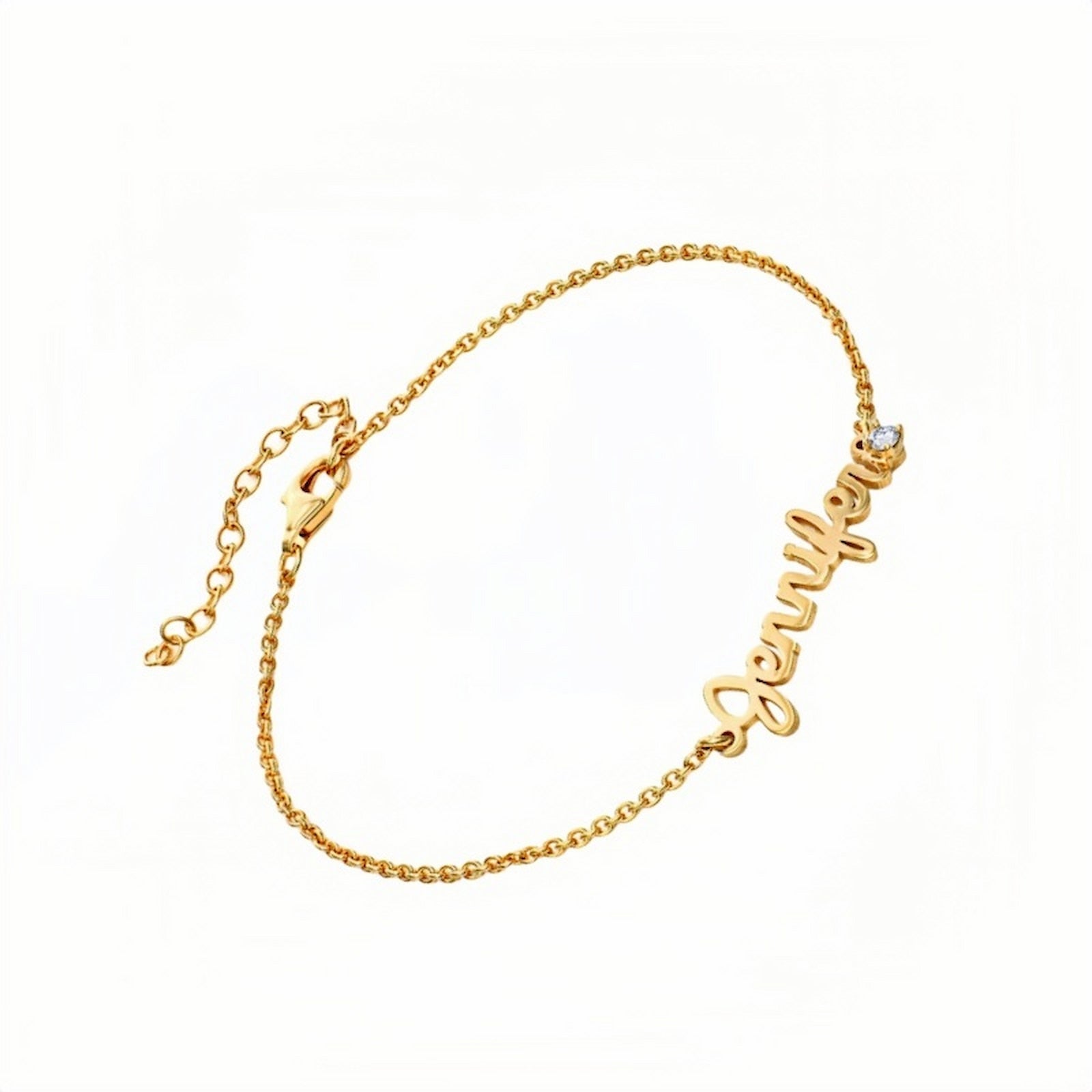 Gold plated custom name bracelet with script font. Personalized with a name & small stone.