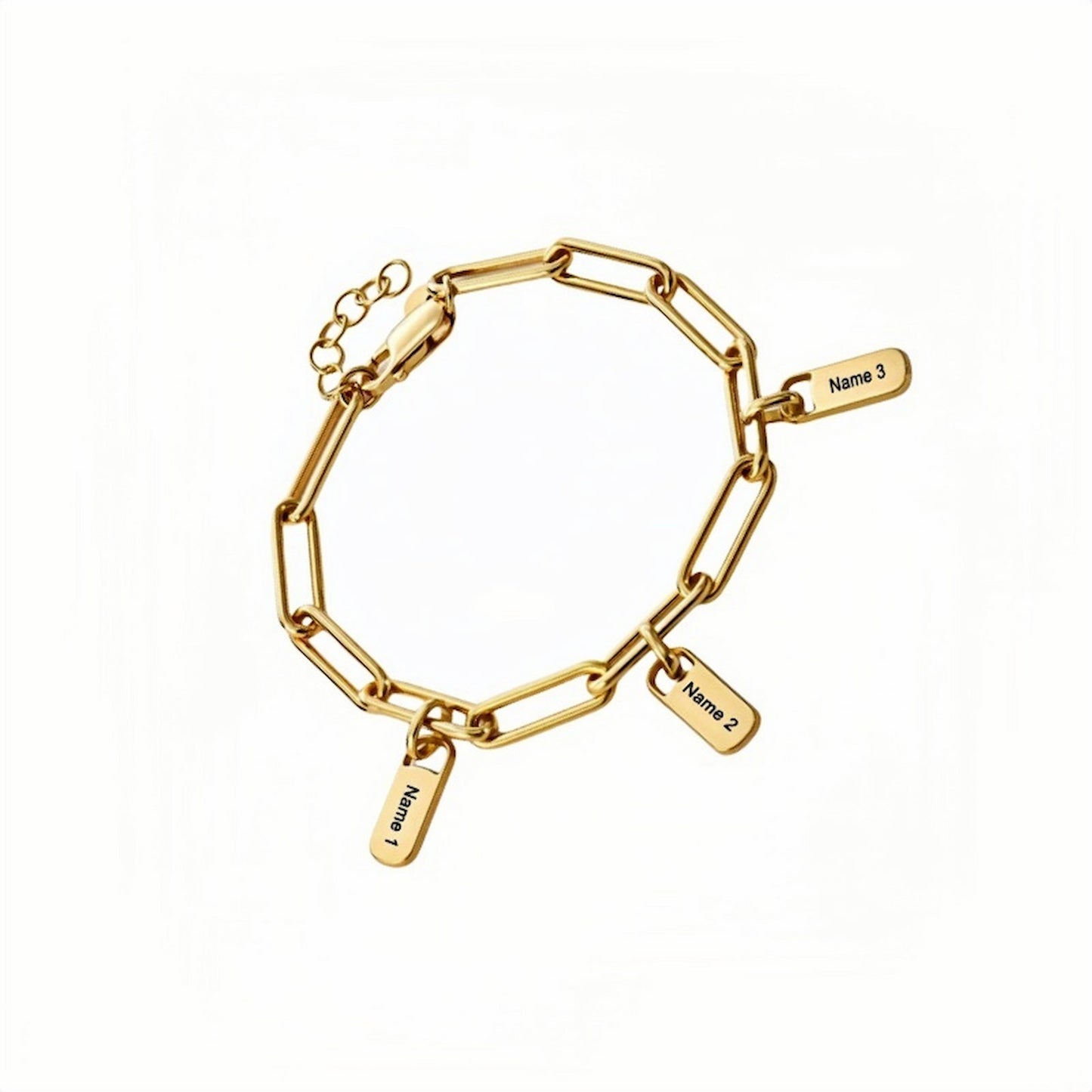 Gold plated custom paperclip chain bracelet with 3 engraved name charms. Gift for her.