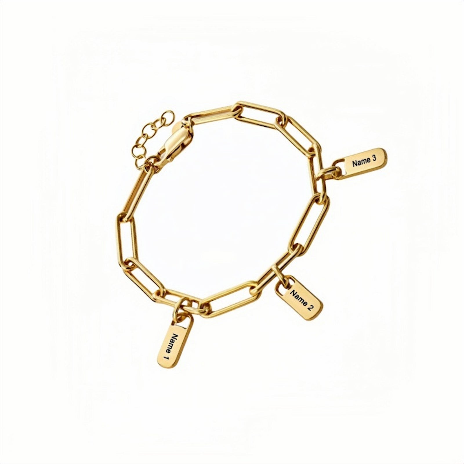 Gold plated custom paperclip chain bracelet with 3 engraved name charms. Gift for her.