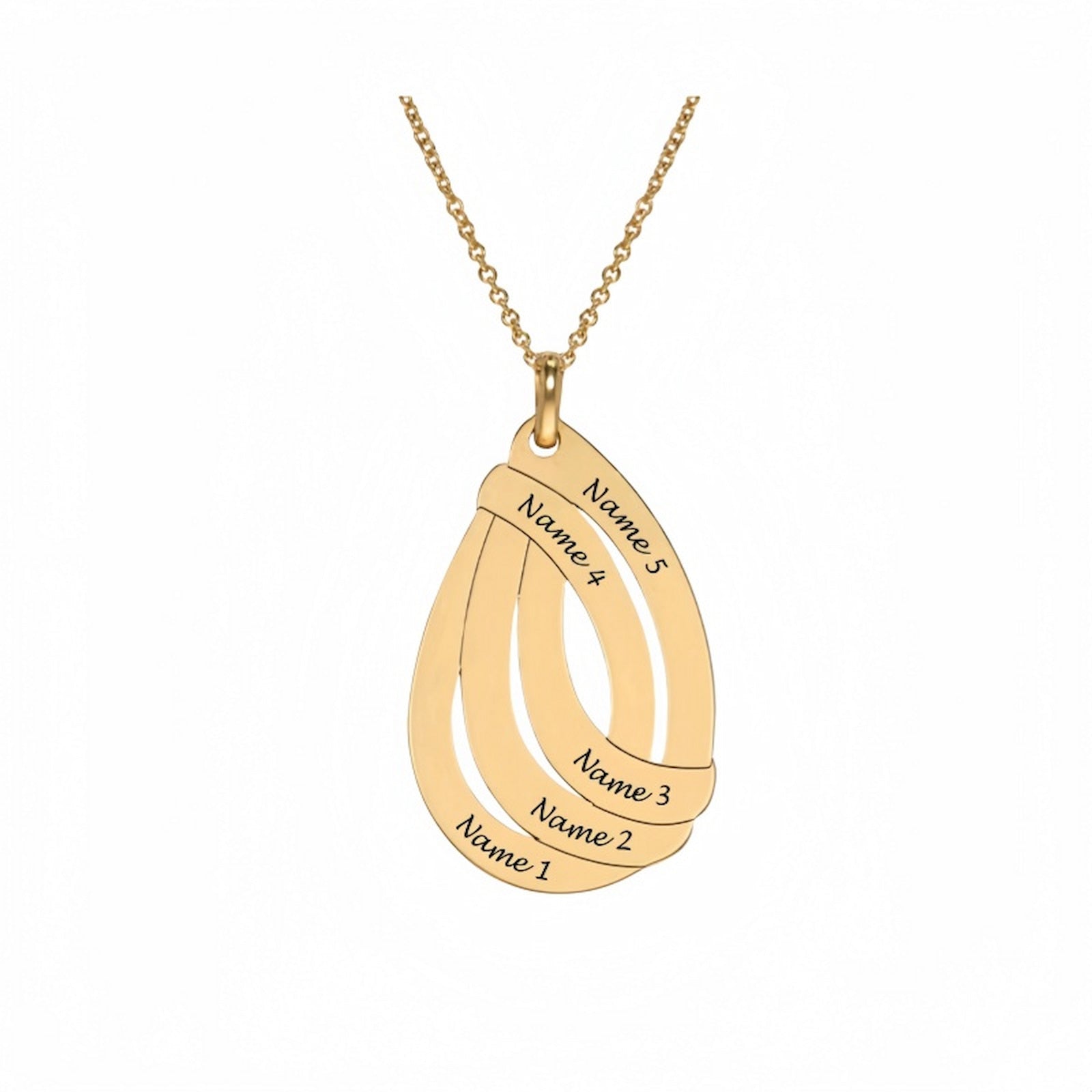 Gold plated custom teardrop family name necklace. Engraved with 5 names. Gift for mom.