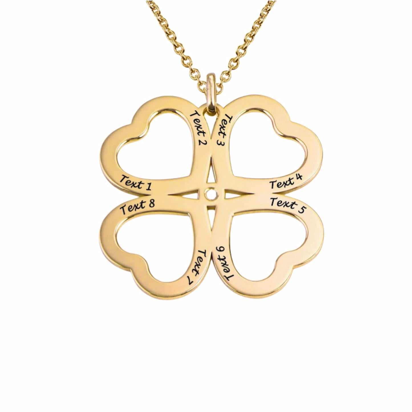 Gold plated engraved heart name clover pendant for women, custom text.