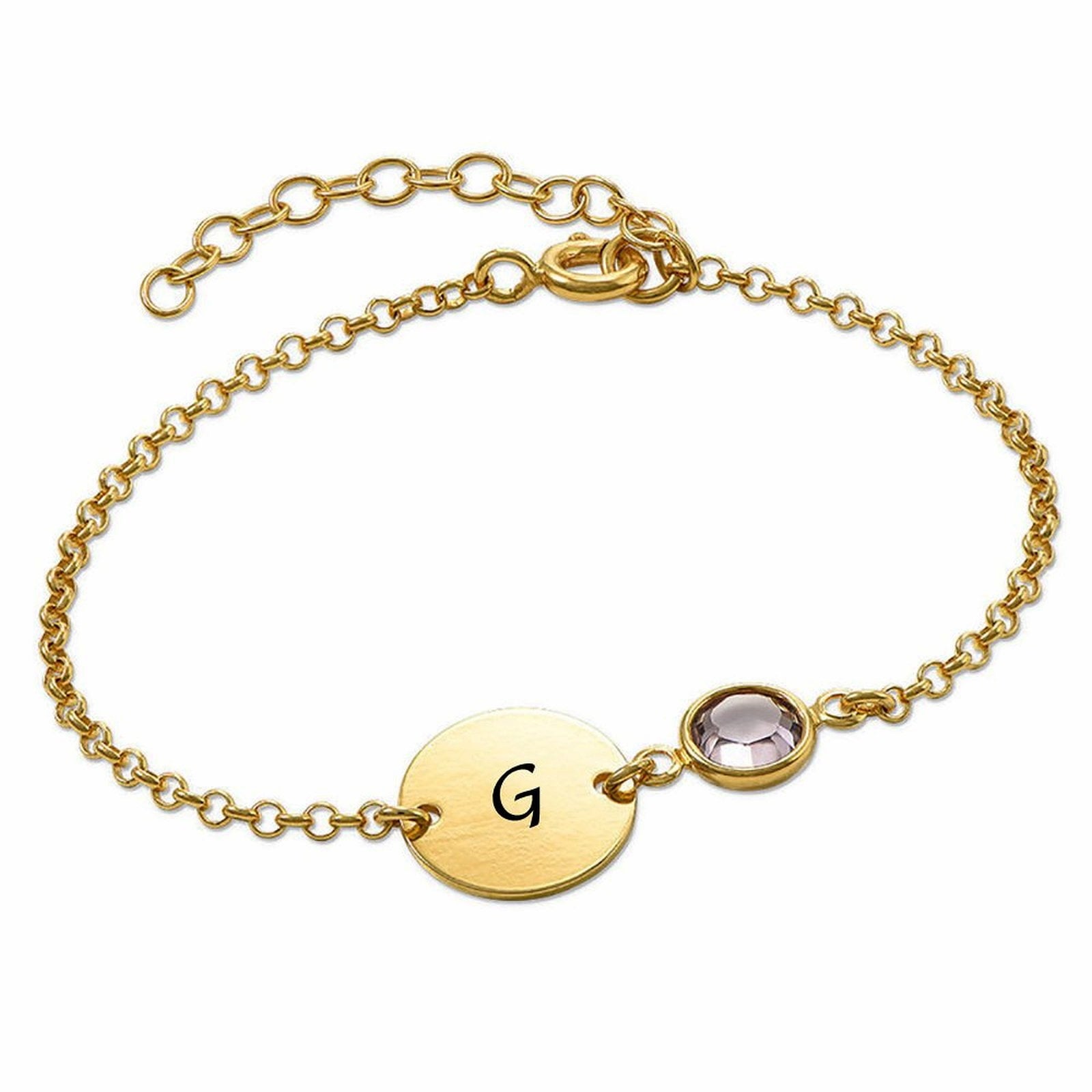 Gold plated engraved letter charm bracelet. Initial G on coin disc with birthstone.