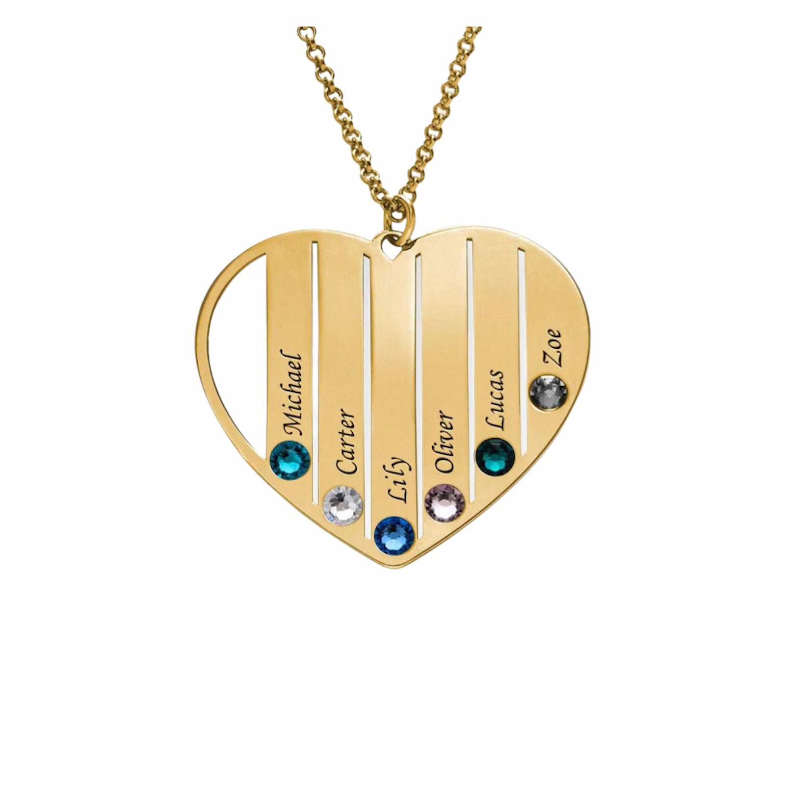 Gold plated family birthstone heart necklace. Engraved names.