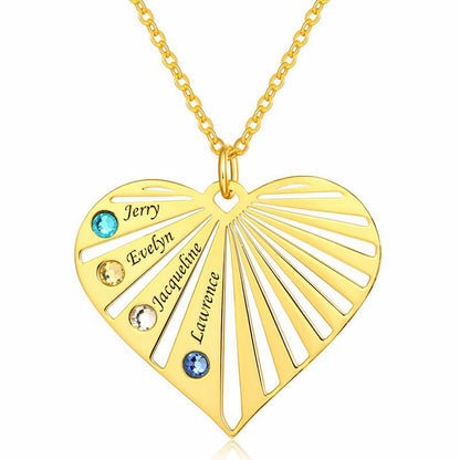 Gold plated personalized heart necklace, showcasing custom names and vibrant birthstones.
