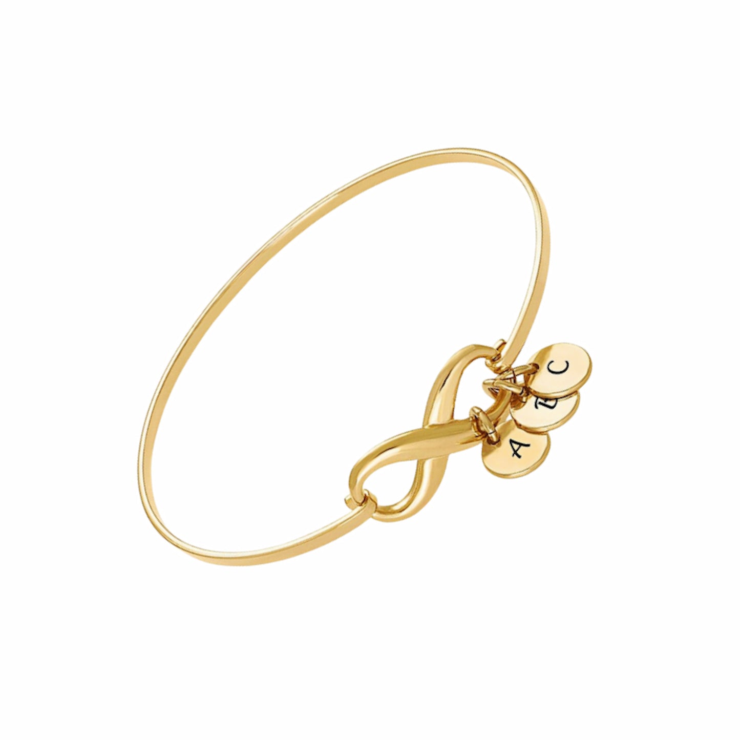 Gold plated infinity charm bangle. Custom monogram letters on disc charms.