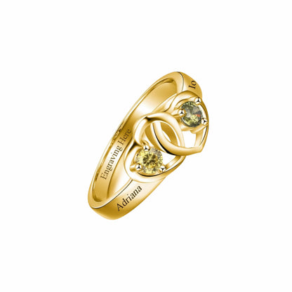 Gold plated personalized 2 name birthstone ring for her, Intertwined Heart.