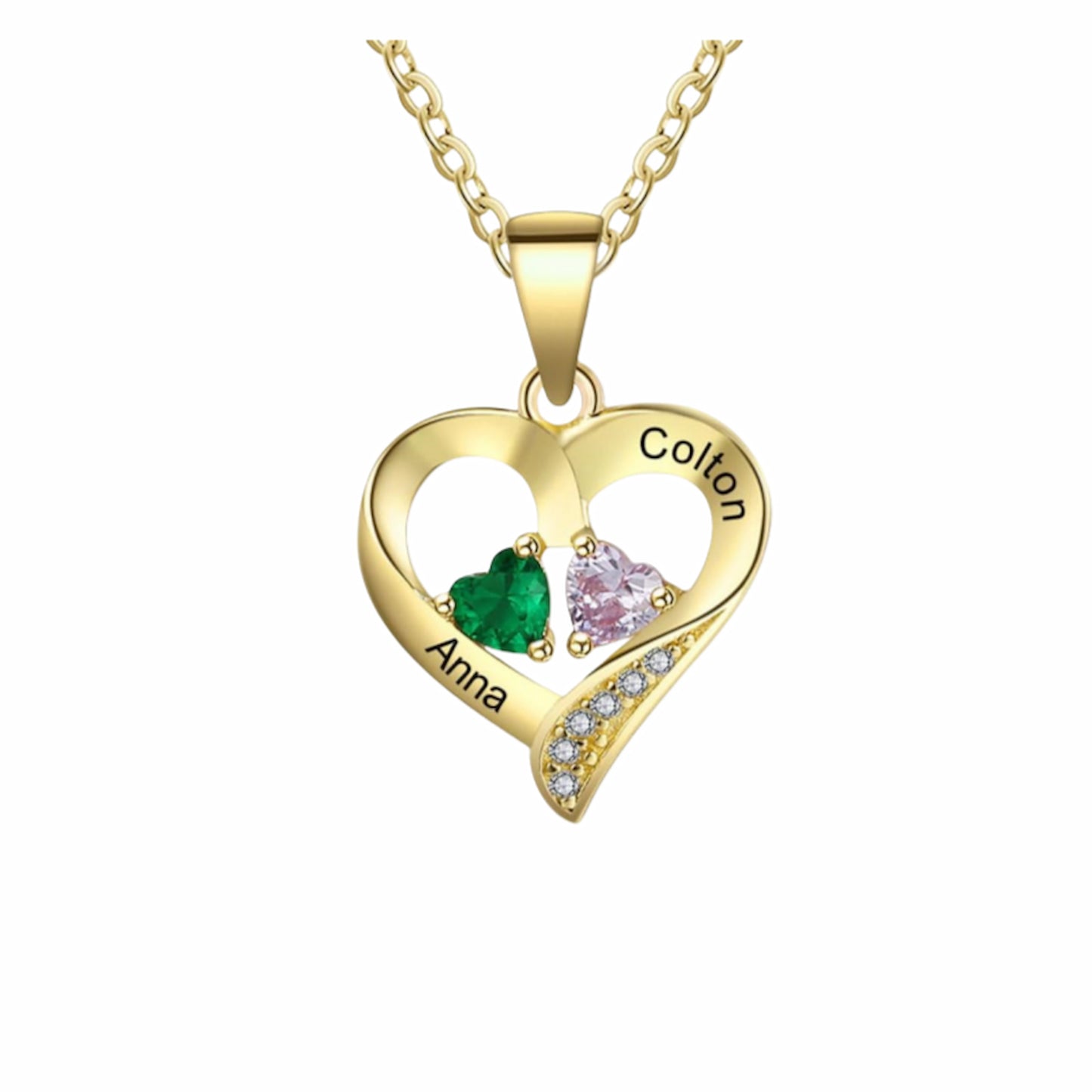 Gold Plating Personalized Necklace with Anna Colton and 2 Heart Birthstones.