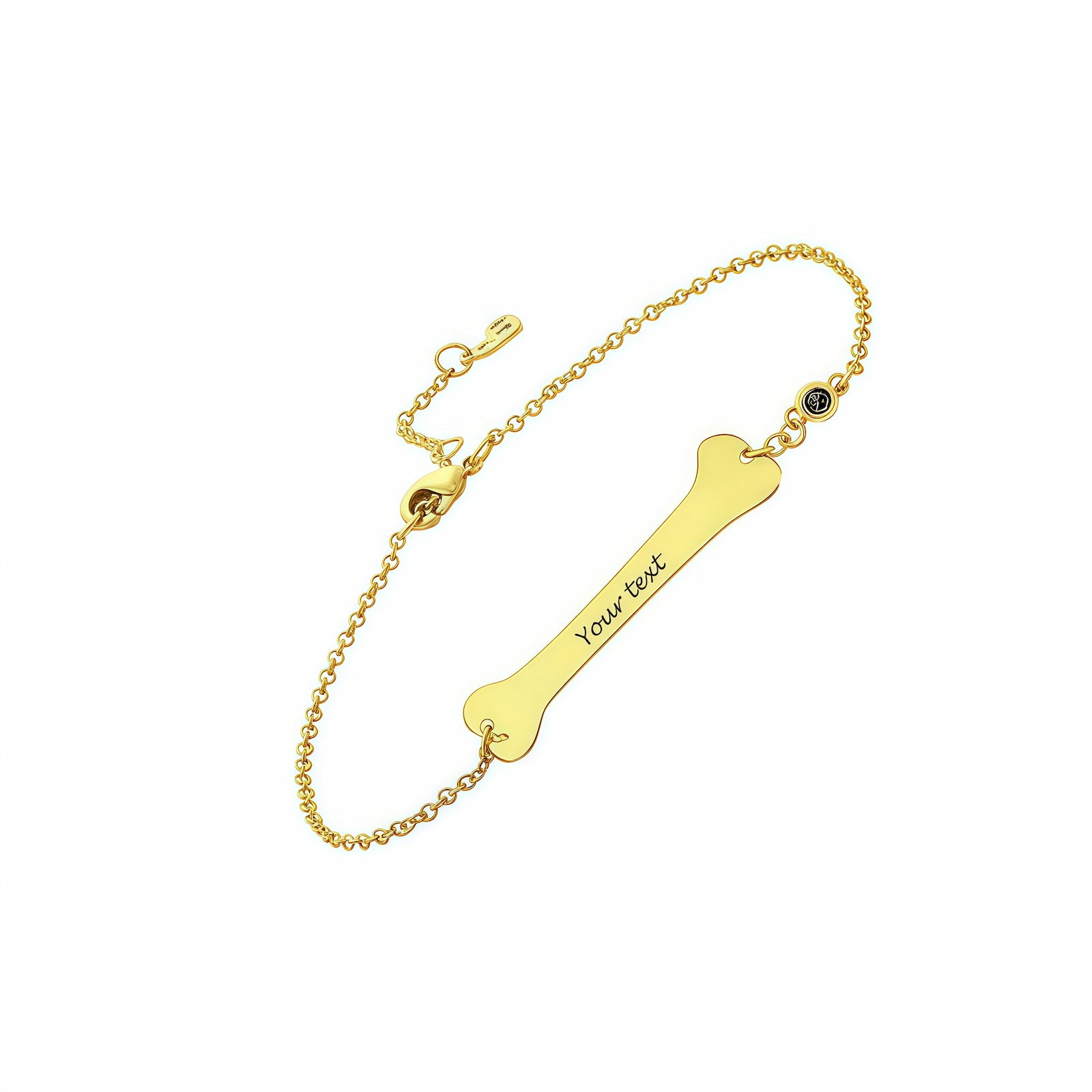 Personalized dog bone pendant bracelet in gold for women, custom name engraving.