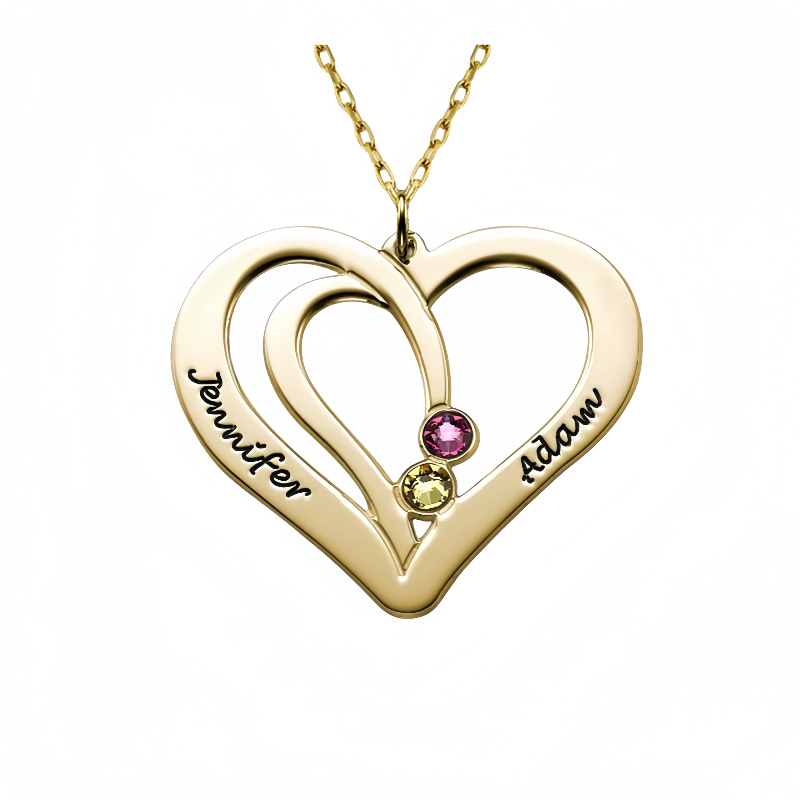 Gold Plated Personalized Couple Heart Necklace with 2 Birthstones and Custom Names.