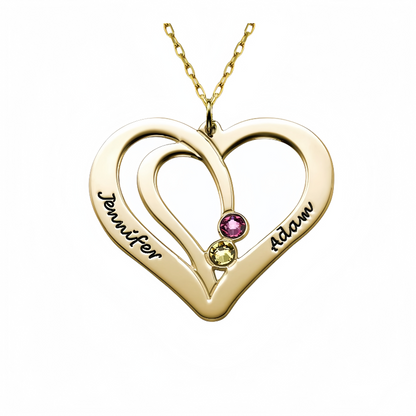 Gold Plated Personalized Couple Heart Necklace with 2 Birthstones and Custom Names.