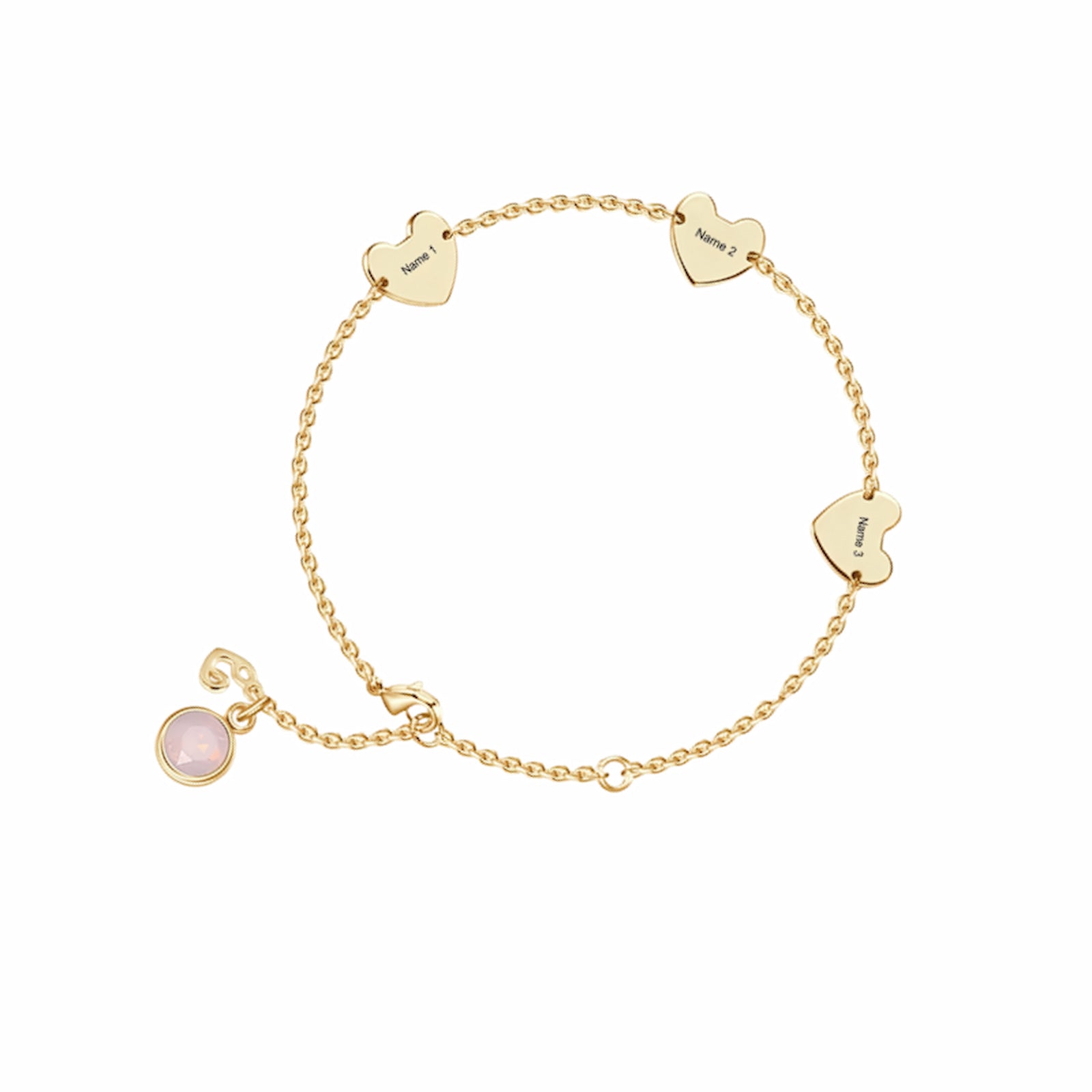 Gold-plated personalized hearts charm bracelet featuring three custom name hearts and a pink birthstone. A lucky gift for girls.