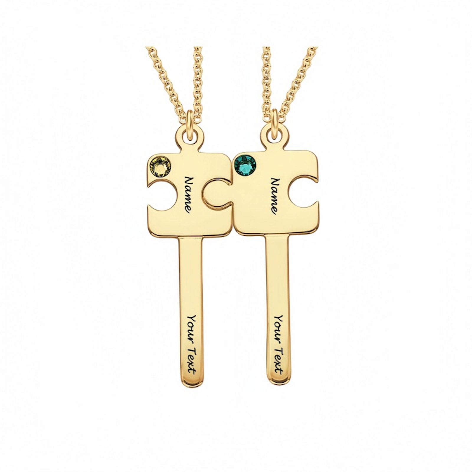 18K gold plated personalized puzzle key couple necklaces with custom names, text, and yellow & green simulated birthstones.