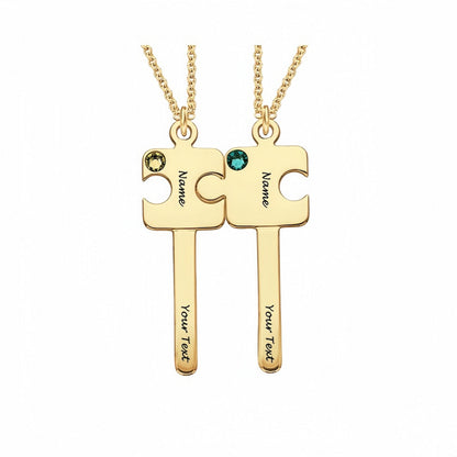 18K gold plated personalized puzzle key couple necklaces with custom names, text, and yellow & green simulated birthstones.
