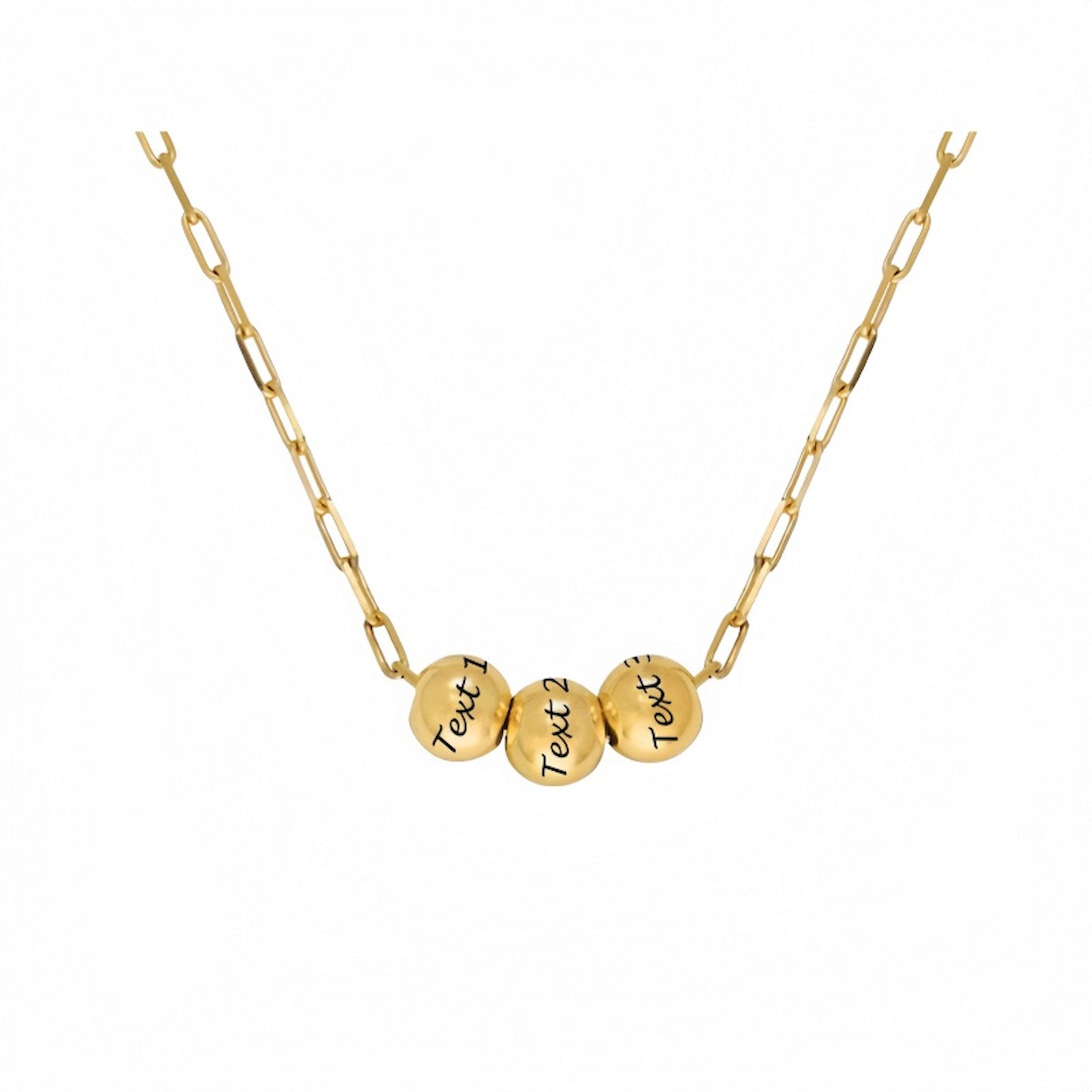 Gold plated personalized name bead paperclip necklace. Engraved text, trendy chain.