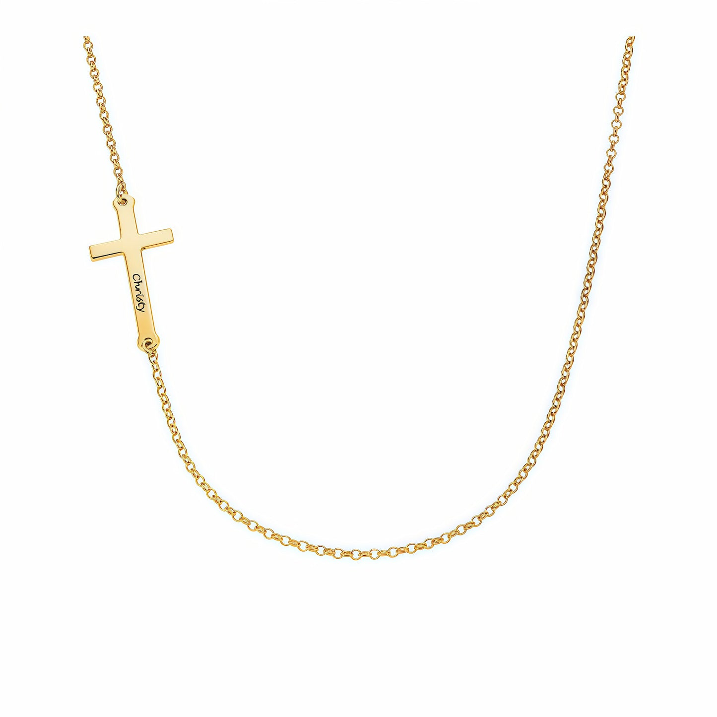 Gold plated personalized sideways cross pendant choker necklace.