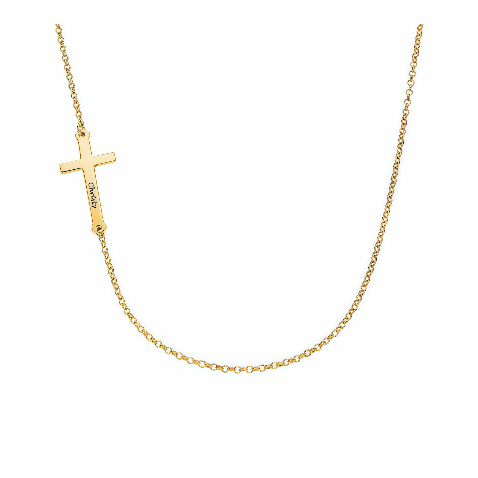 Gold plated personalized sideways cross pendant choker necklace.