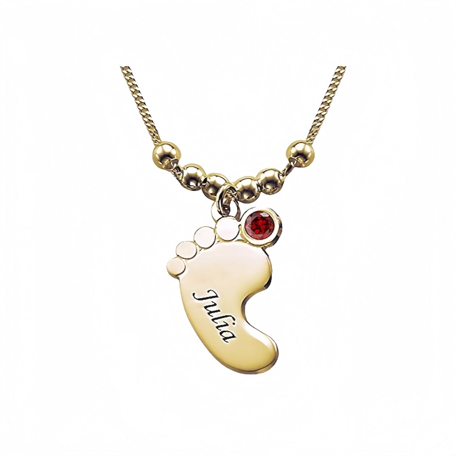 Gold plated single baby foot name birthstone pendant, Julia & red stone.