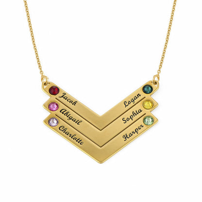 Personalized V-Shaped Family Birthstone Necklace with Custom Name Engravings