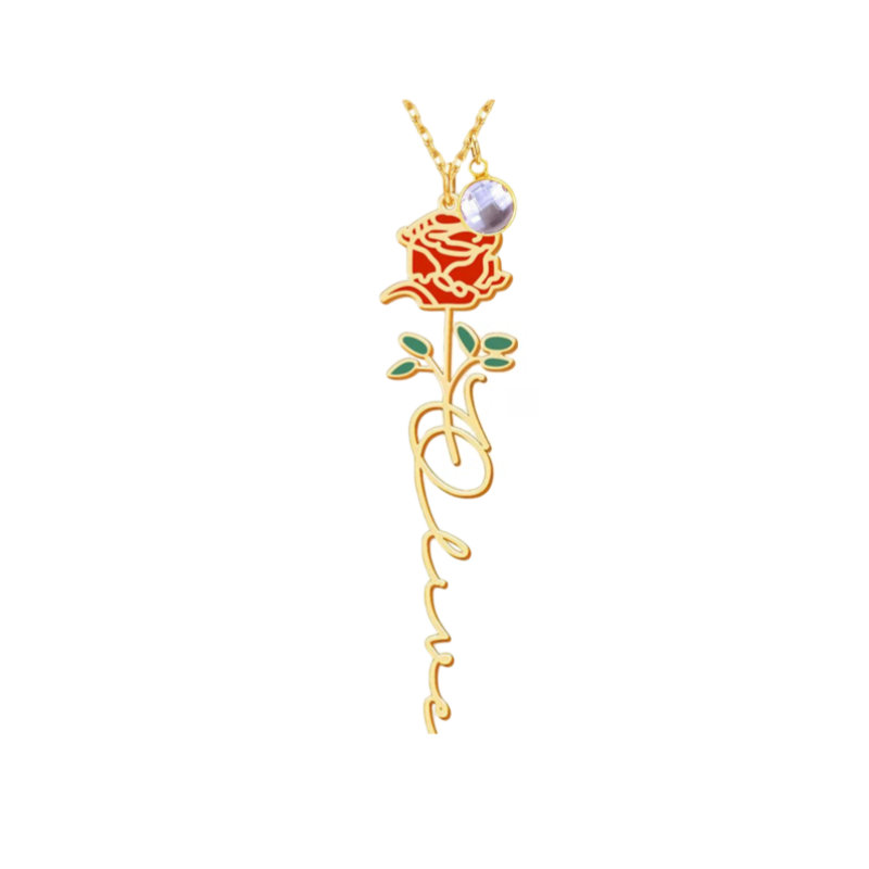 Personalized Floral Name Necklace Charms with Birthstones - Custom Flower & Name Jewelry
