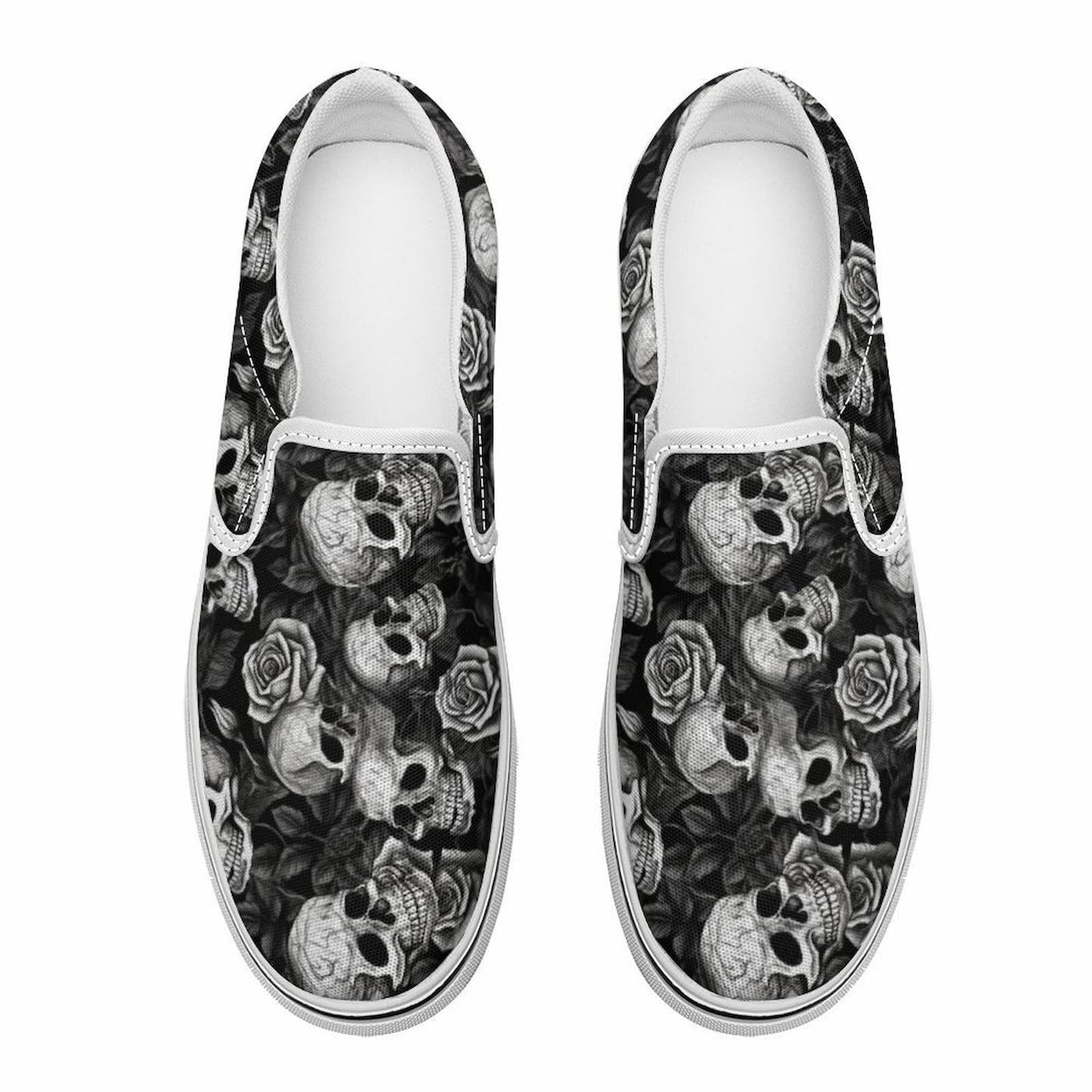 Goth Style Canvas Shoes Skull Rose Print Top View.